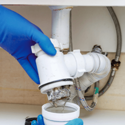 Close up showing gloved hands unclogging a drain under a sink